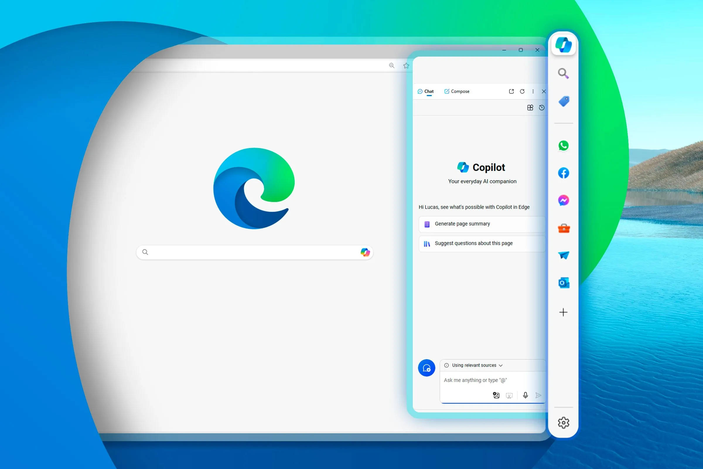 Cửa sổ Microsoft Edge với thanh bên được làm nổi bật, hiển thị các công cụ đa nhiệm