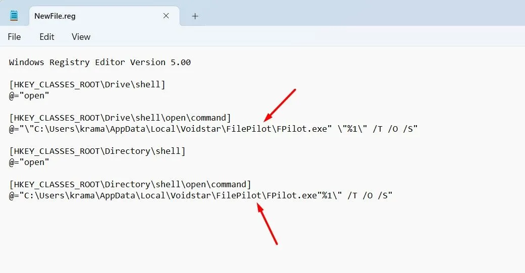 Cửa sổ Notepad hiển thị đoạn mã Registry Editor với đường dẫn của File Pilot được thay thế