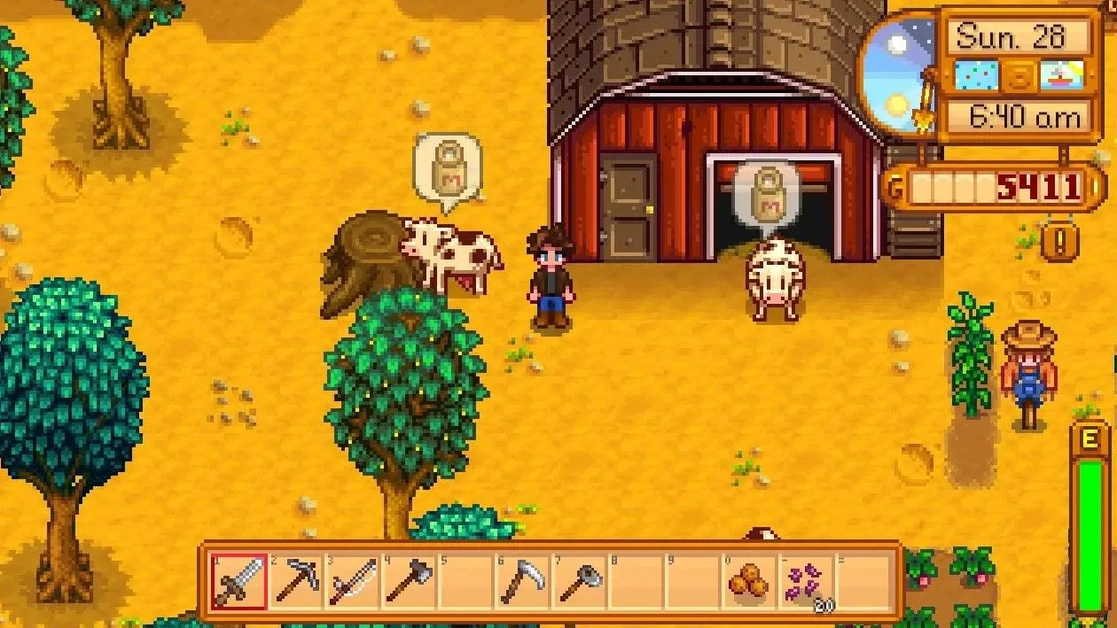 Đàn bò trên nông trại Stardew Valley với các chỉ báo trên đầu cho thấy chúng cần được chăm sóc hoặc đã sẵn sàng vắt sữa, nhờ mod Better Ranching.