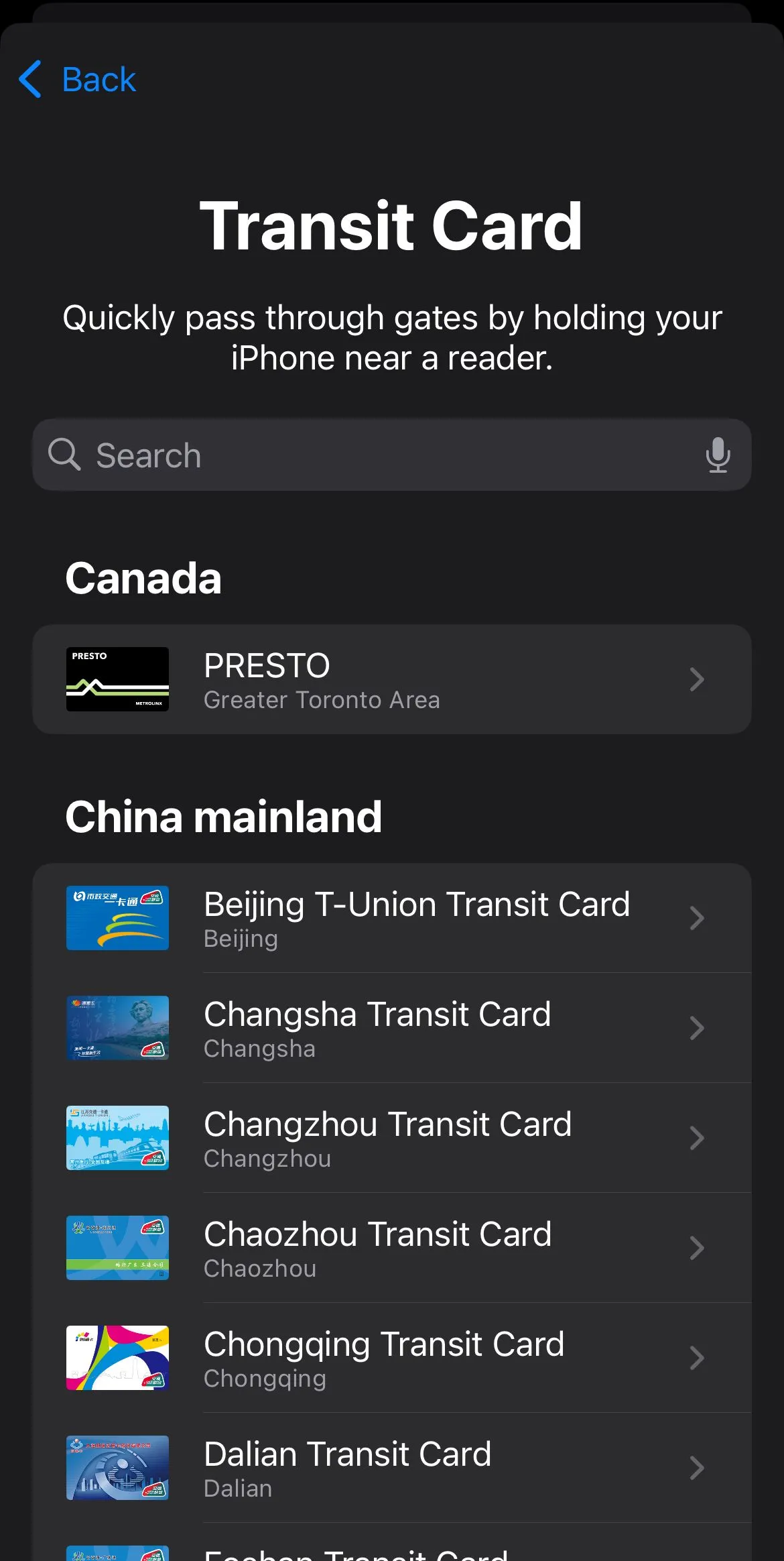 Danh sách các thẻ giao thông khả dụng trong Apple Wallet