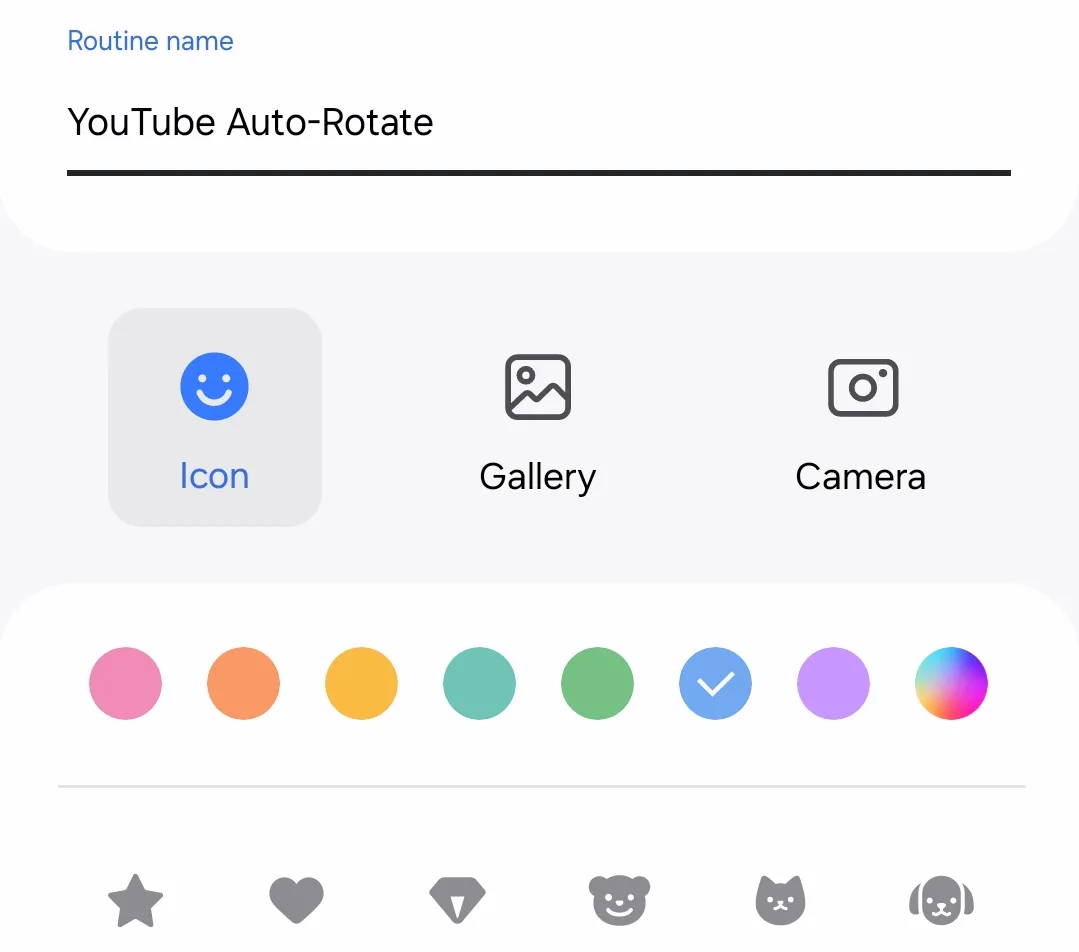 Đặt tên quy trình là &quot;Tự động xoay YouTube&quot; trong Chế độ và Quy trình Samsung.