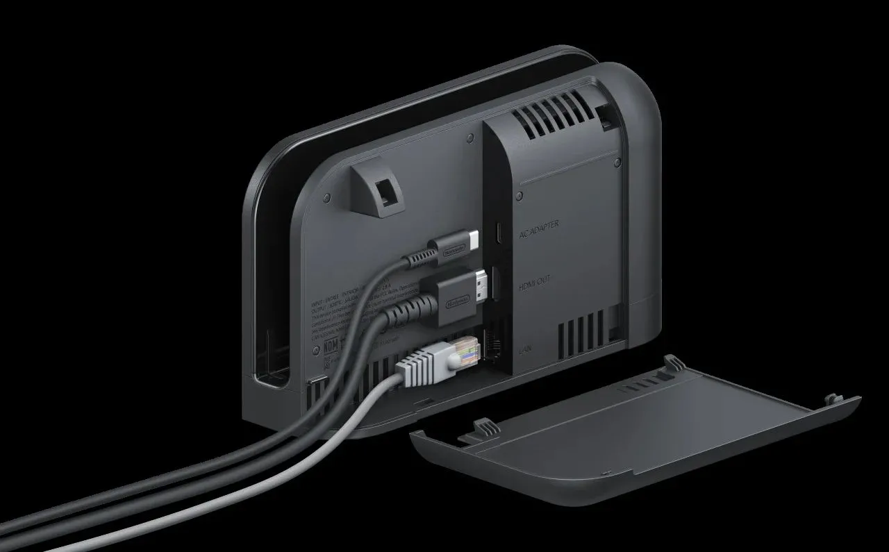 Đế sạc (dock) của Nintendo Switch 2 với thiết kế mới, có quạt tản nhiệt, không có máy console bên trong.