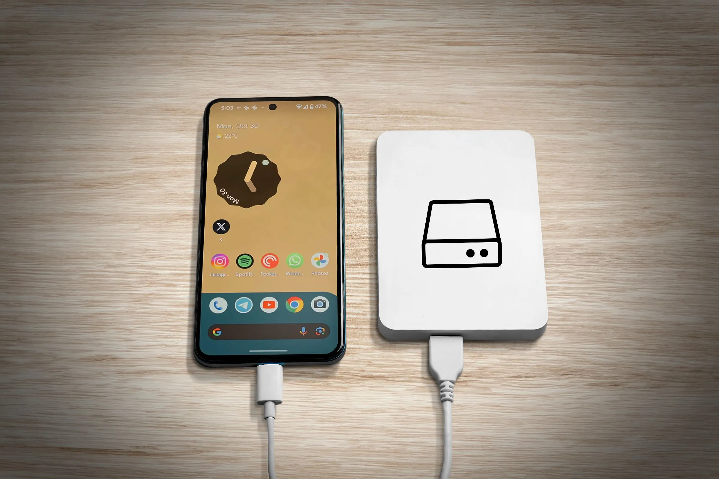 Điện thoại Android và ổ cứng ngoài, biểu thị giải pháp sao lưu dữ liệu.
