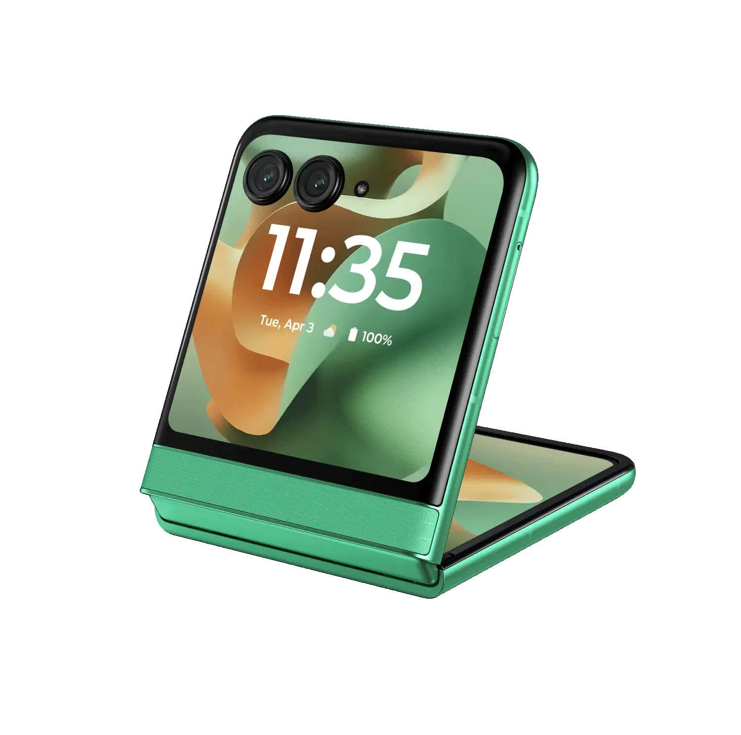 Điện thoại Motorola Razr 2025 màu xanh lam, hiển thị màn hình chính mở và thiết kế gập.