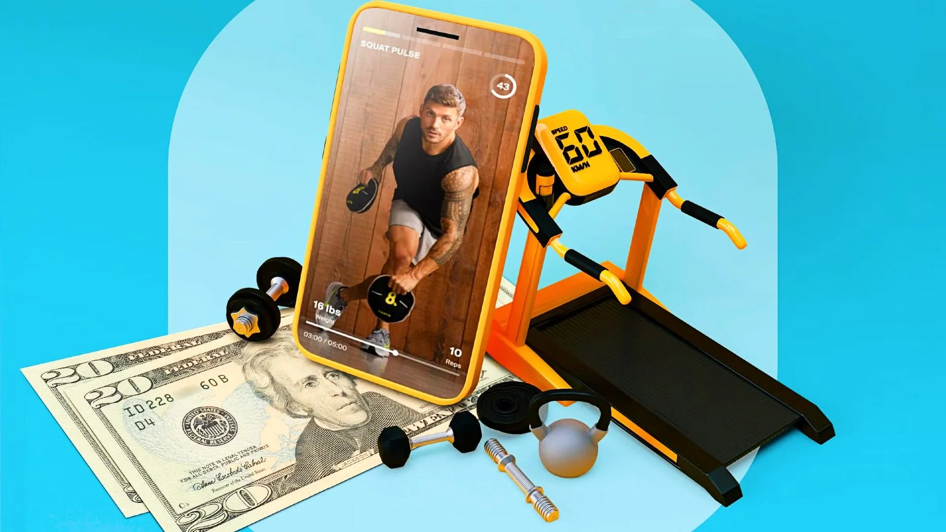 Điện thoại thông minh hiển thị ứng dụng tập luyện, xung quanh là tạ tay và các thiết bị gym cơ bản, minh họa cho việc tập tại nhà.