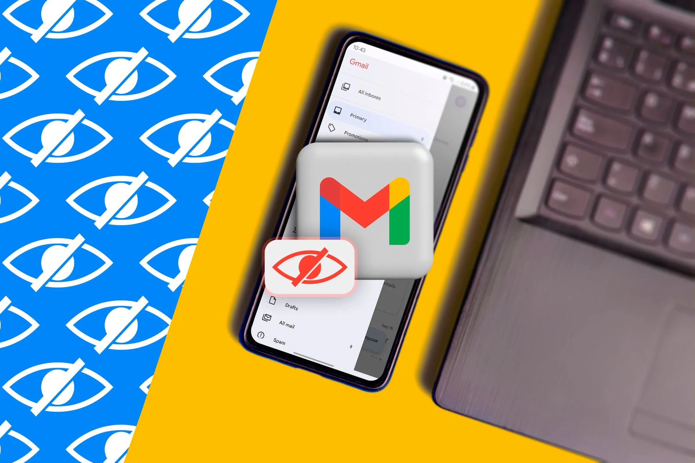 Điện thoại và laptop hiển thị logo Gmail cùng biểu tượng khả năng hiển thị, liên quan đến việc quản lý email và thông tin đã đọc, giúp giảm lo lắng cho người dùng.