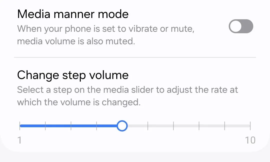 Điều chỉnh độ chi tiết âm lượng thông qua thanh trượt &quot;Change Step Volume&quot; trong module Sound Assistant của Samsung Good Lock