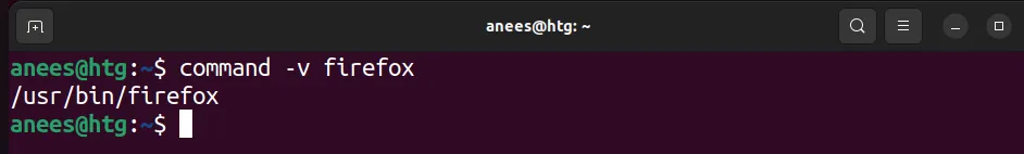 Đường dẫn file thực thi Firefox được hiển thị bằng lệnh command -v