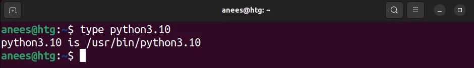 Đường dẫn file thực thi Python3.10 được hiển thị bằng lệnh type