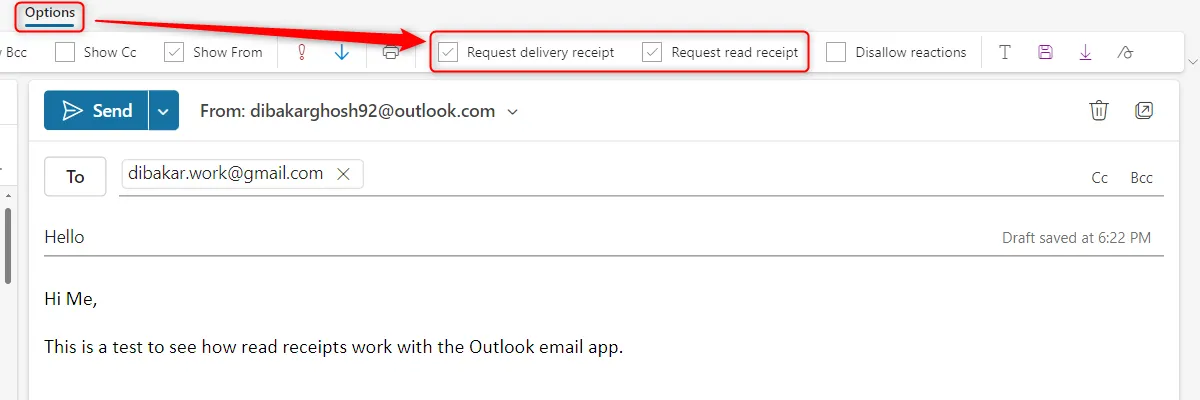Email đang được gửi từ ứng dụng Outlook với tùy chọn &quot;yêu cầu thông báo đã đọc&quot; và &quot;yêu cầu thông báo đã gửi&quot; được kích hoạt, minh họa cách thiết lập read receipts.
