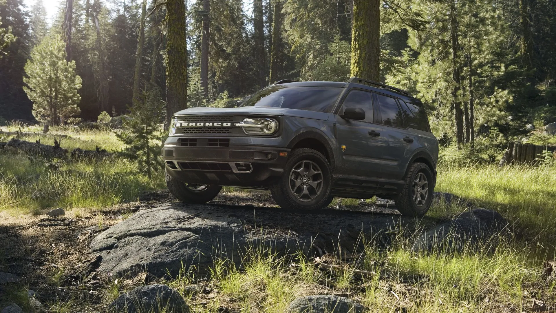 Ford Bronco Sport 2022 màu xám bạc đậu trên tảng đá trong rừng.