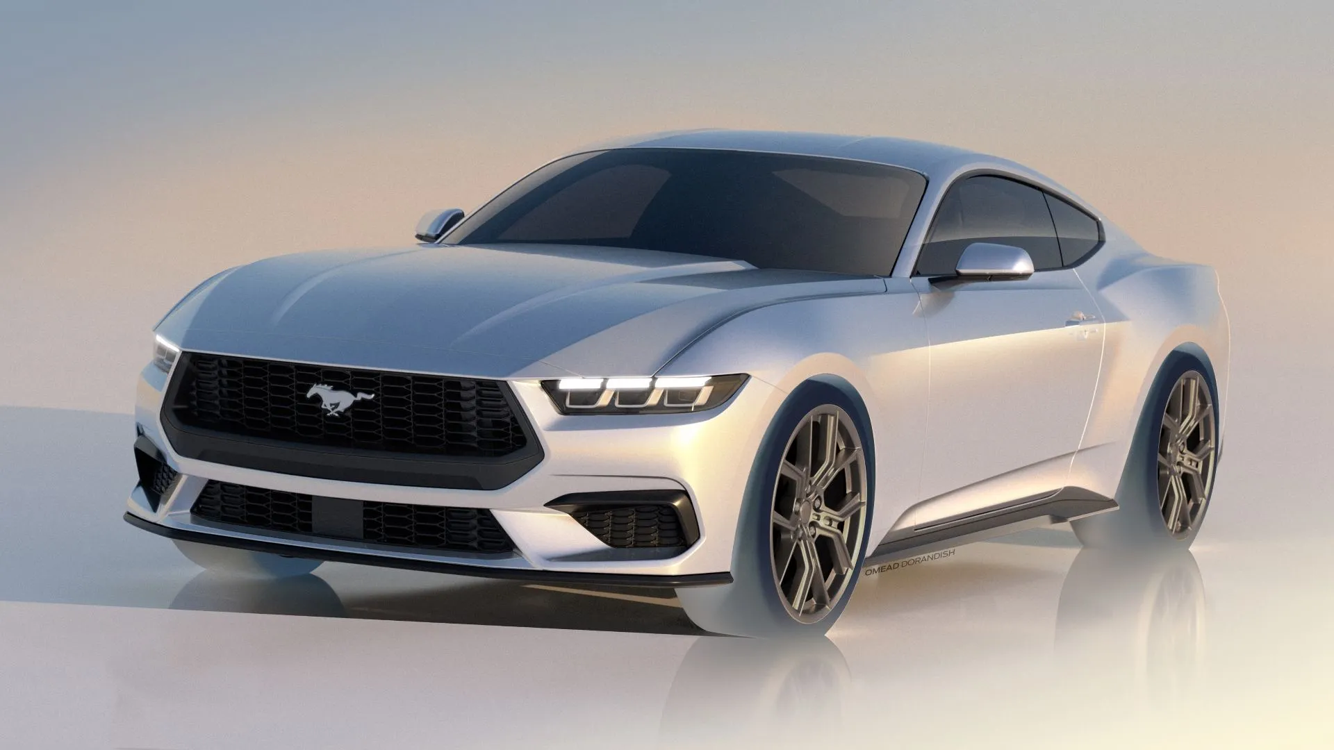 Ford Mustang 2024 màu xám nhìn từ góc 3/4 phía trước, một trong những xe cơ bắp phổ biến mất giá nhiều