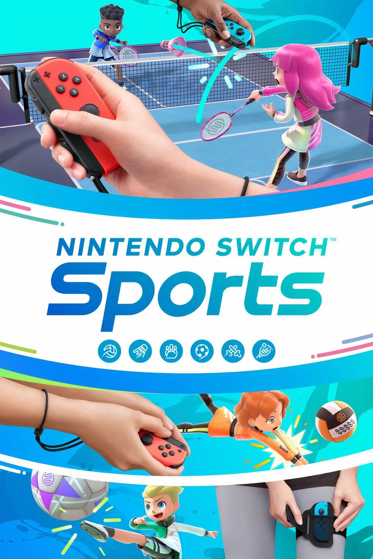 Gia đình chơi game Nintendo Switch Sports cùng nhau, một người mẹ và con gái đang vui vẻ chơi bowling bằng tay cầm Joy-Con.