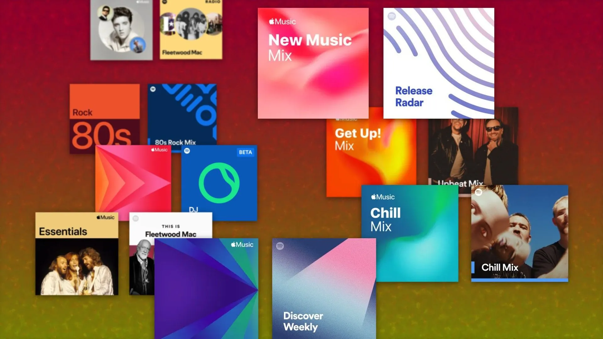 Giao diện album nhạc của Apple Music và Spotify cạnh nhau, minh họa thư viện âm nhạc đa dạng của hai dịch vụ streaming phổ biến.