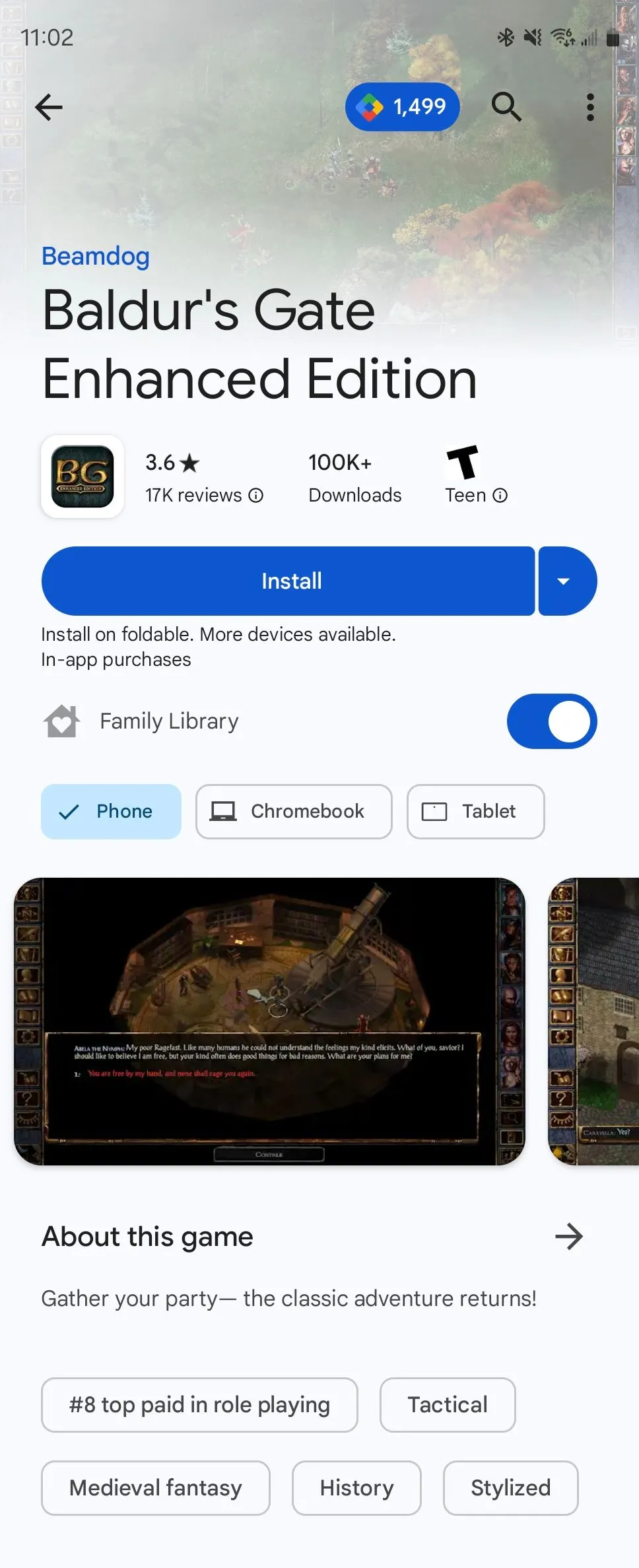 Giao diện Baldur's Gate, tựa game nhập vai kinh điển PC được chuyển thể cho Android, hiển thị trong Google Play Store.