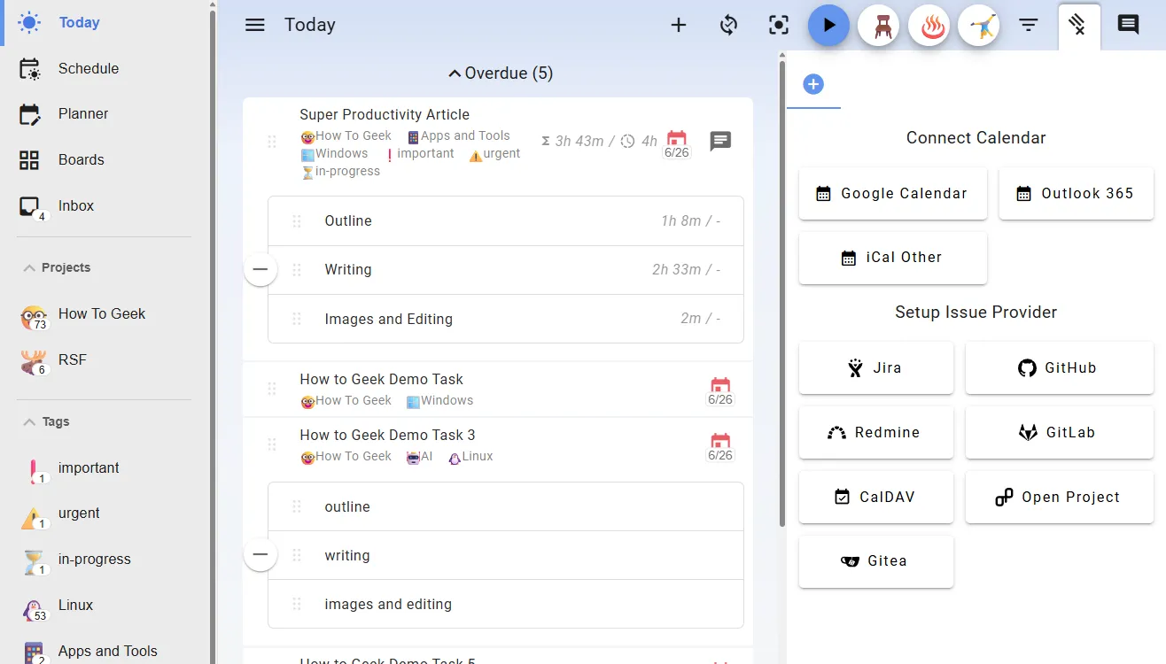Giao diện các tùy chọn tích hợp bên thứ ba của Super Productivity