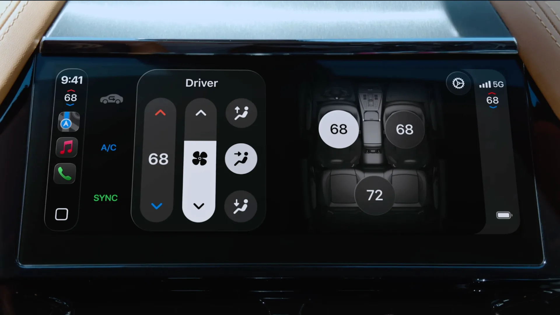 Giao diện CarPlay Ultra hiển thị các điều khiển chức năng xe quan trọng như hệ thống điều hòa và ghế sưởi, minh họa khả năng tích hợp sâu rộng.