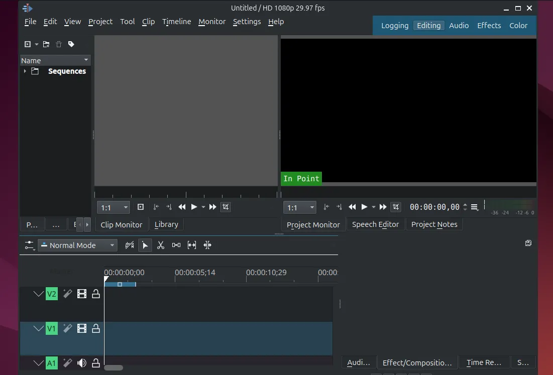 Giao diện chính của Kdenlive trên Ubuntu