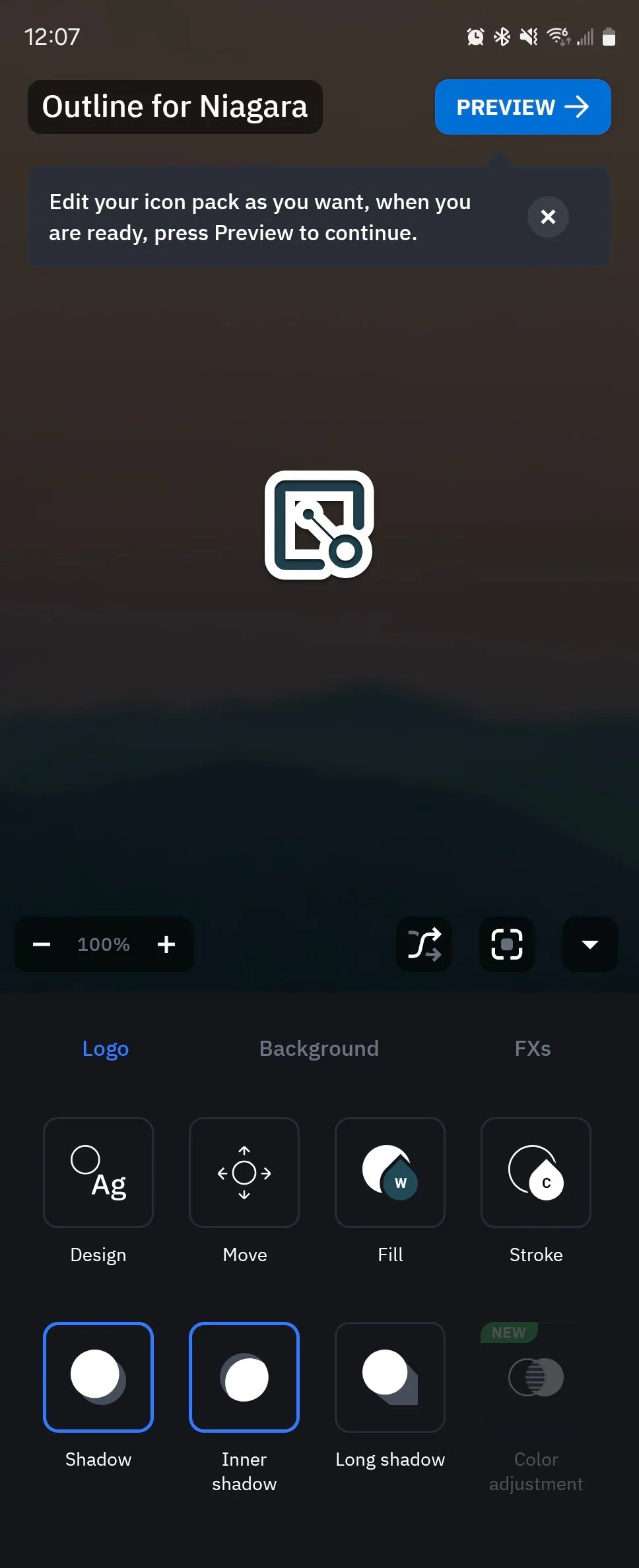 Giao diện chỉnh sửa nâng cao gói biểu tượng trong Icon Pack Studio, hiển thị các tùy chọn hiệu ứng và bộ lọc.