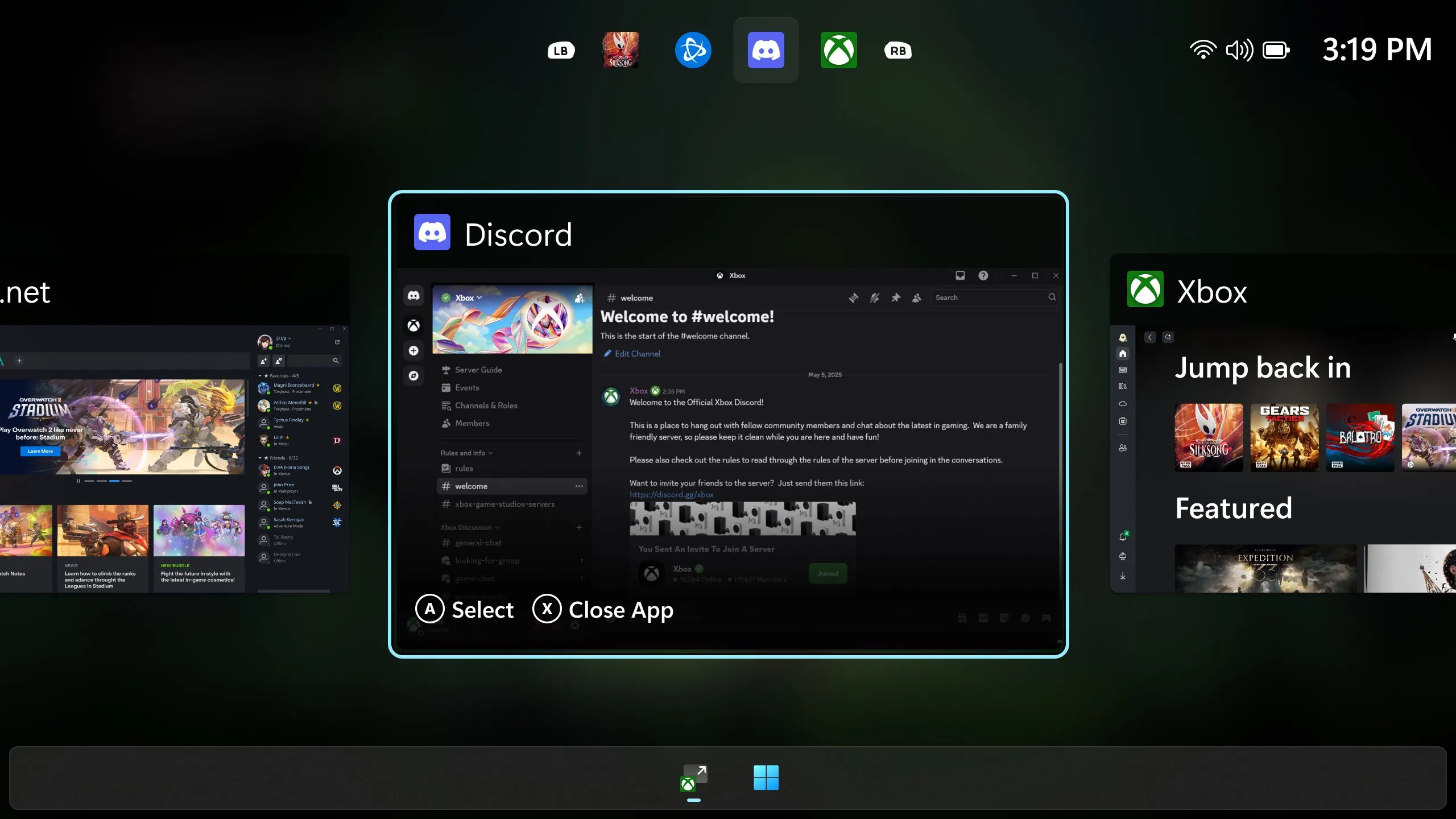 Giao diện chuyển đổi tác vụ đa nhiệm thân thiện với tay cầm trên thiết bị cầm tay Windows như ROG Xbox Ally.