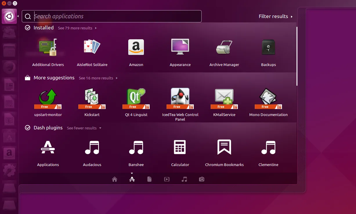 Giao diện Dash của Ubuntu 15.04, thể hiện một trong những thay đổi desktop do Canonical thúc đẩy trong quá khứ.