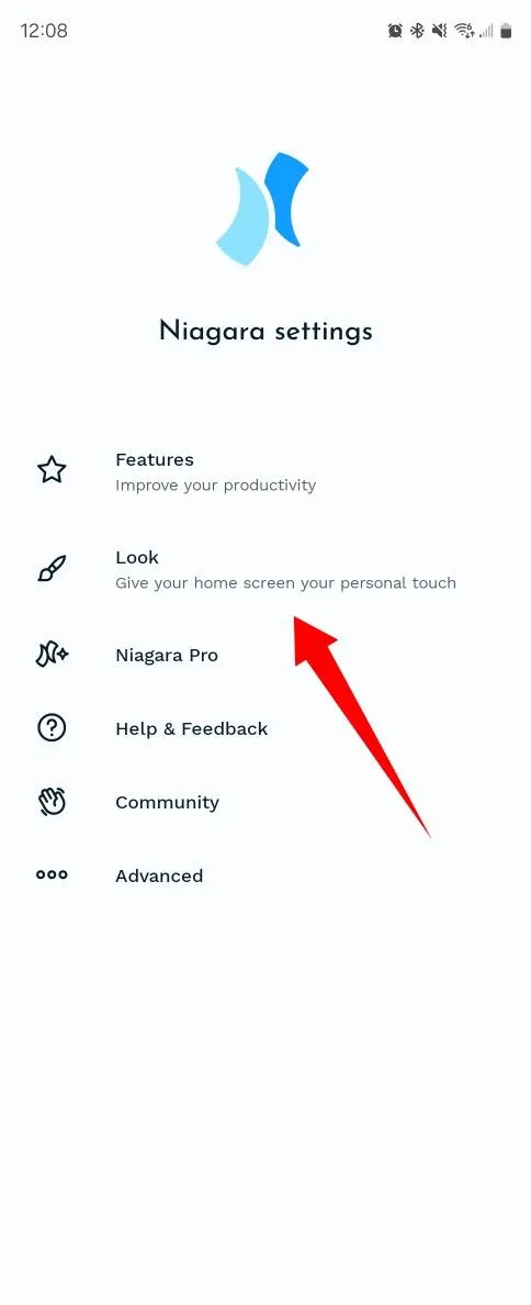 Giao diện điều hướng để chọn gói biểu tượng tùy chỉnh trong cài đặt của Niagara Launcher.