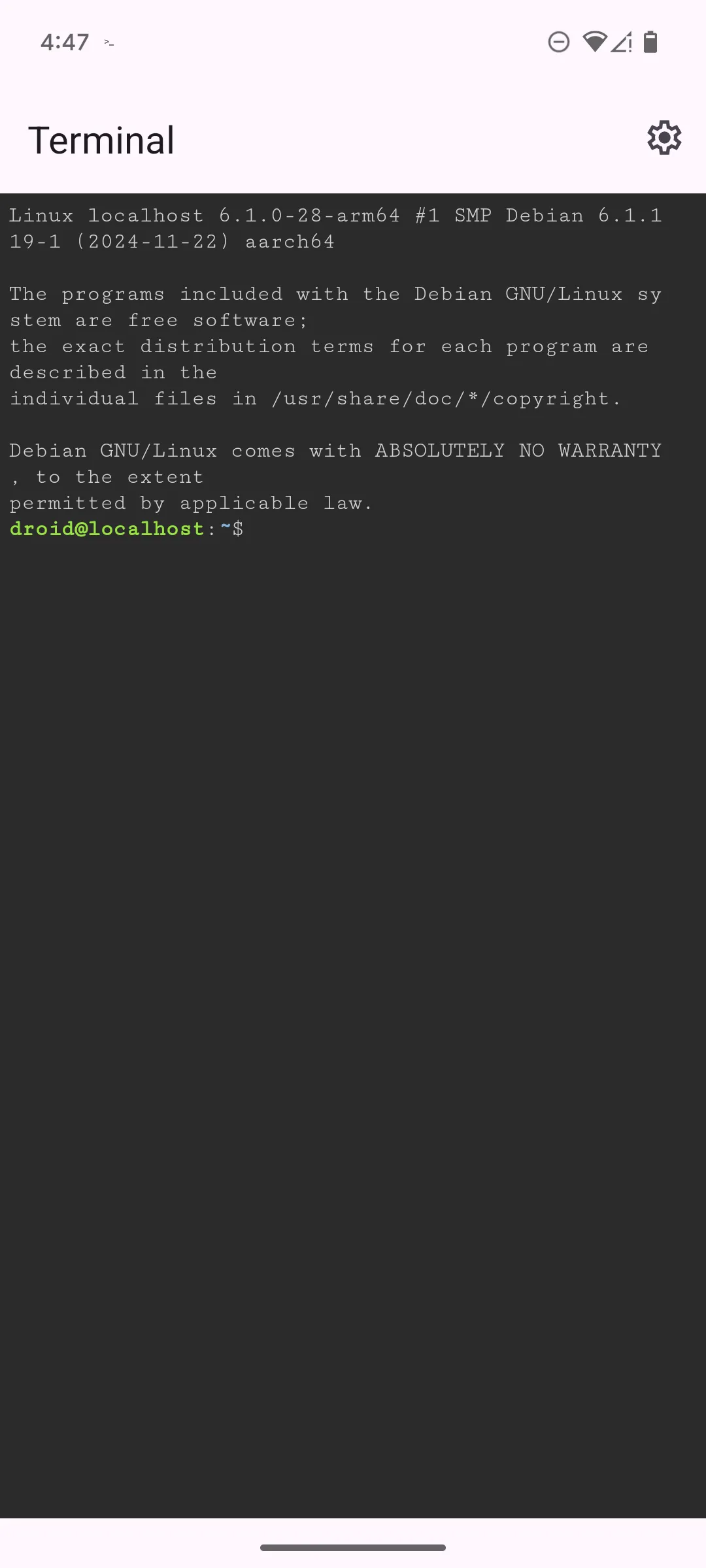 Giao diện dòng lệnh bash trống trong ứng dụng Linux Terminal trên Google Pixel 6, sẵn sàng nhận lệnh từ người dùng.