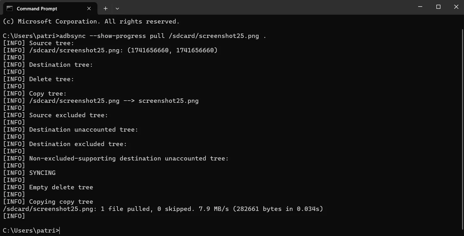 Giao diện dòng lệnh thể hiện quá trình đồng bộ hóa file Android với máy tính bằng better-adb-sync.
