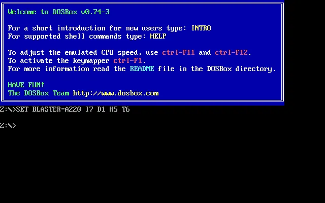 Giao diện DOSBox đang chạy trên hệ điều hành Linux
