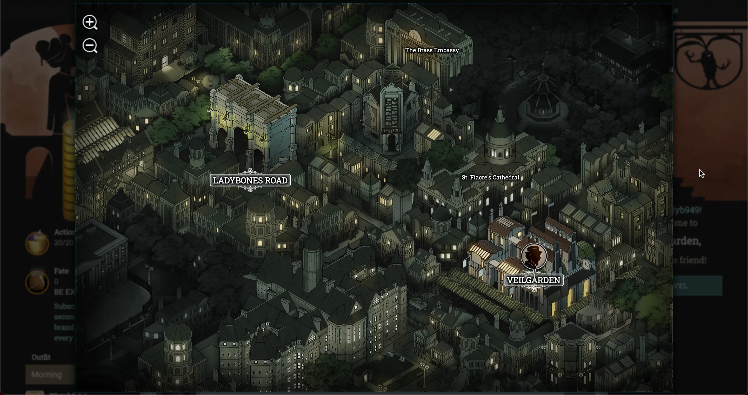 Giao diện game Fallen London với văn bản kể chuyện và các lựa chọn hành động