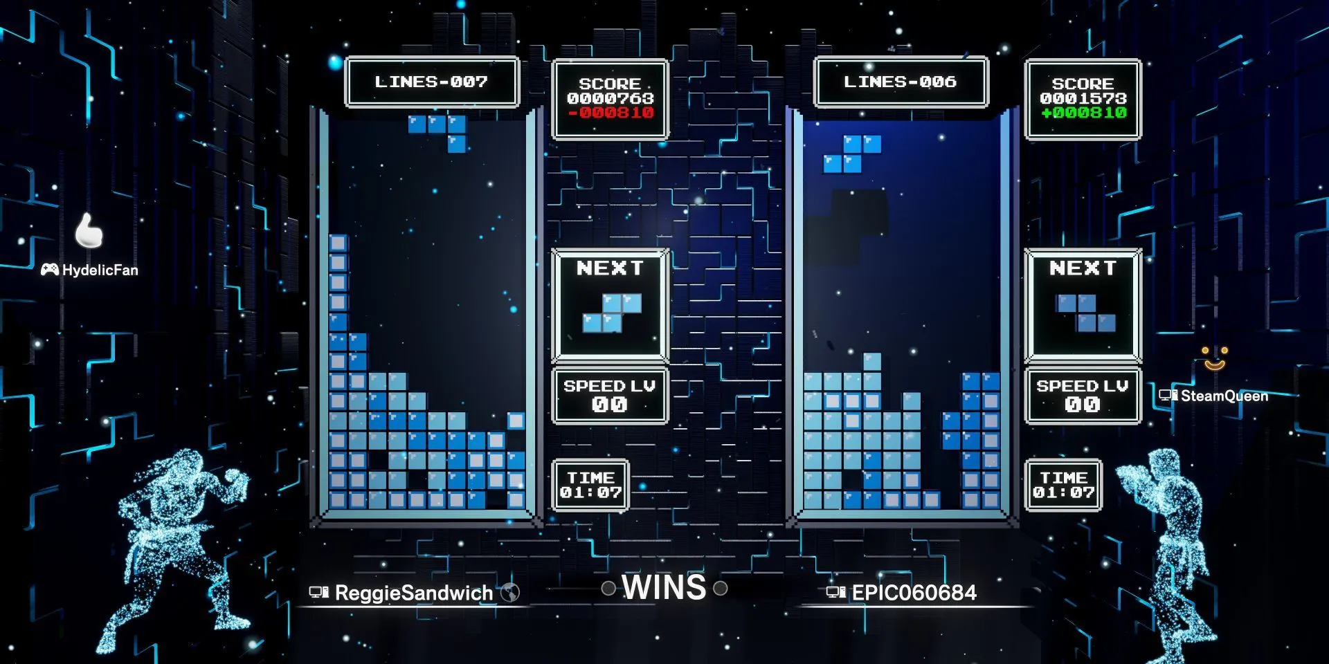 Giao diện game Tetris Effect: Connected với các khối Tetrimino và hiệu ứng ánh sáng, âm nhạc 360 độ sống động.
