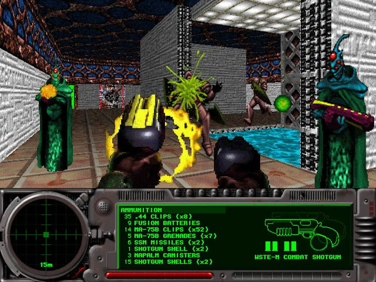 Giao diện gameplay từ dòng game Marathon, FPS tiên phong của Bungie trên nền tảng Mac.