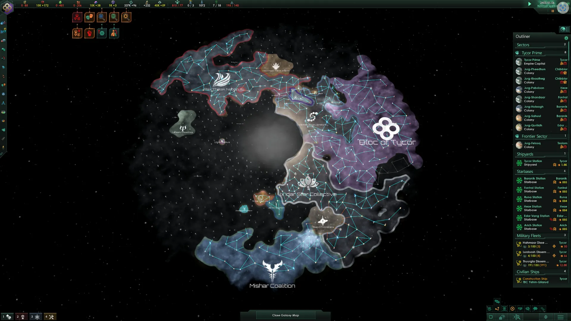 Giao diện gameplay từ Stellaris: Console Edition, hiển thị bản đồ thiên hà và các yếu tố chiến lược