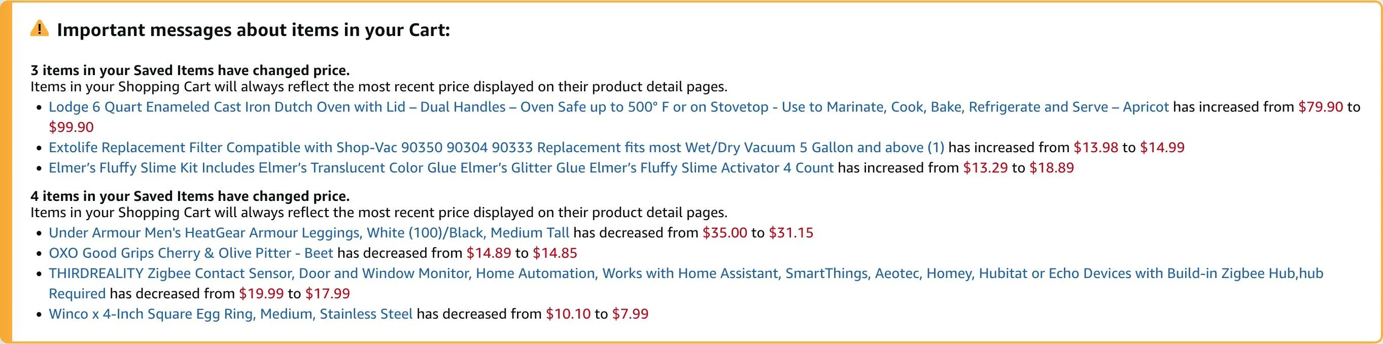 Giao diện hiển thị lịch sử thay đổi giá của sản phẩm trong giỏ hàng Amazon.