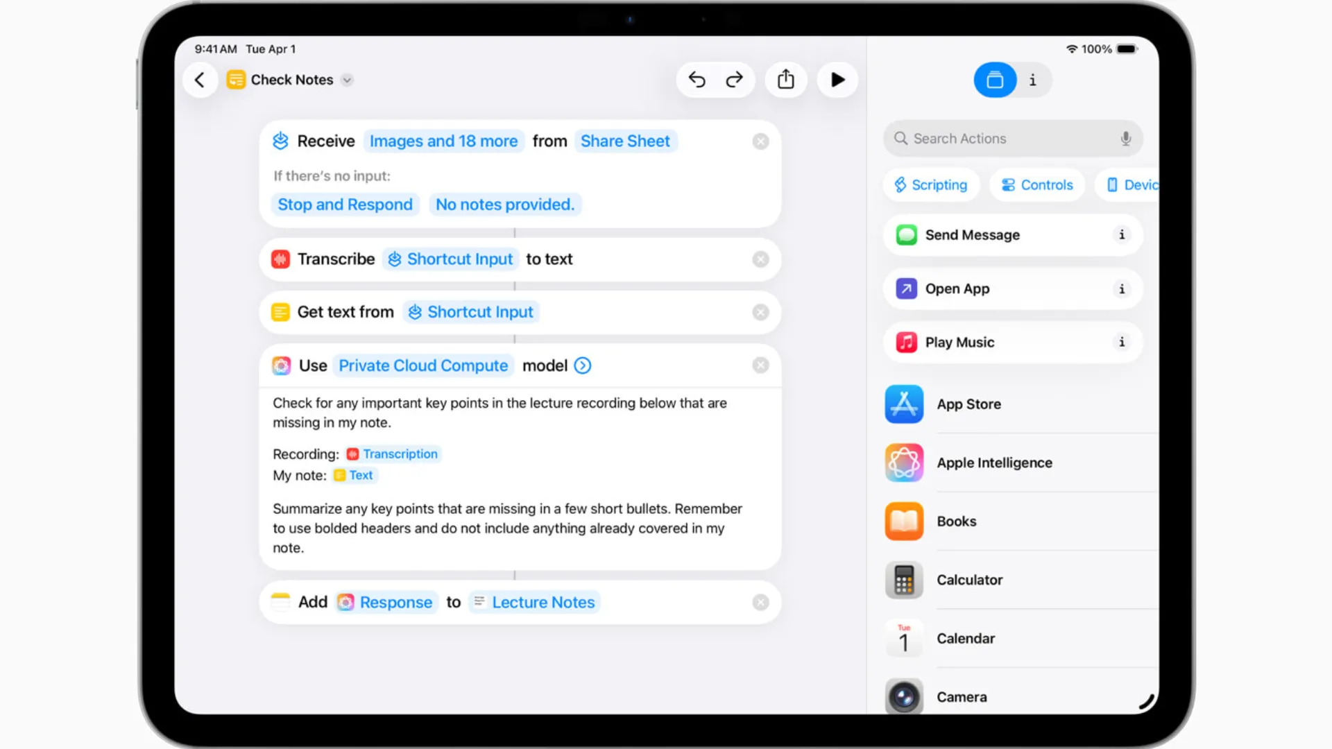 Giao diện iPadOS 26 minh họa các hành động AI trong ứng dụng Phím Tắt, cho phép người dùng tạo các quy trình làm việc tự động thông minh.