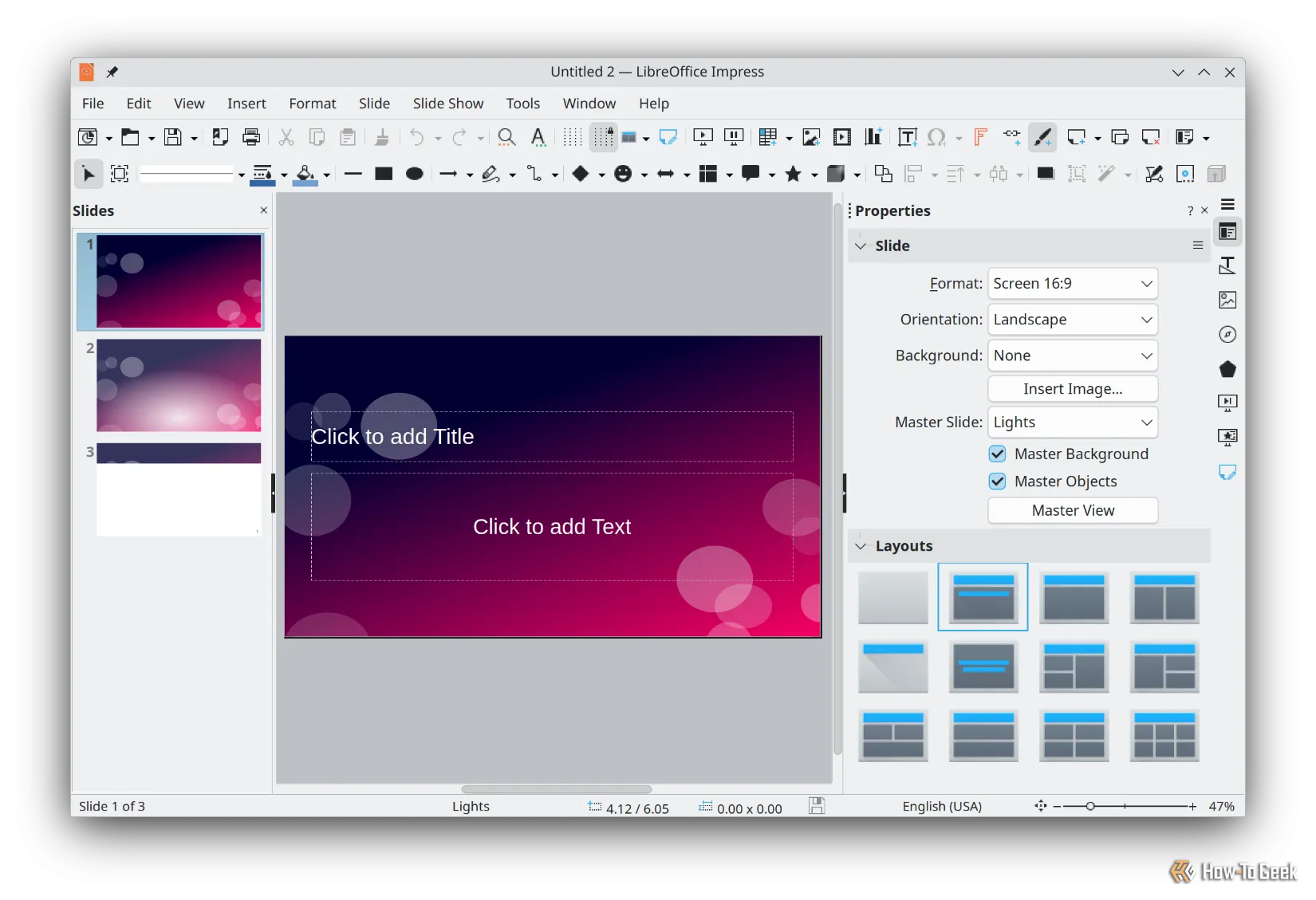 Giao diện LibreOffice Impress, ứng dụng trình chiếu tương đương PowerPoint, trên hệ điều hành Kubuntu.