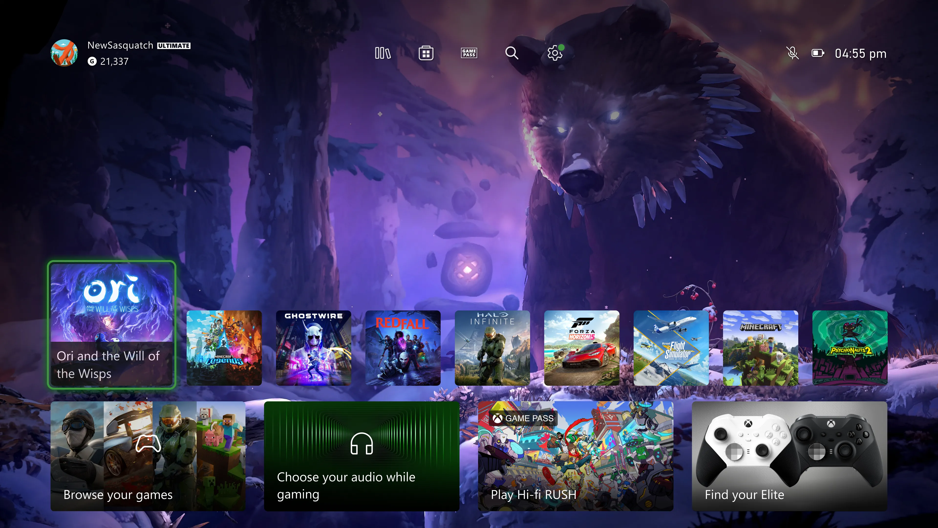 Giao diện màn hình chính Xbox với menu truy cập nhanh, cho thấy tiềm năng của một UI thân thiện với bộ điều khiển trên thiết bị chơi game cầm tay Xbox