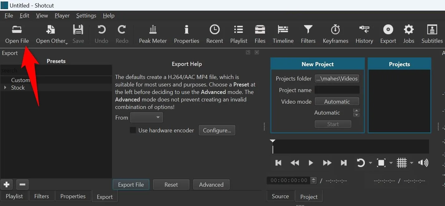 Giao diện mở file của Shotcut