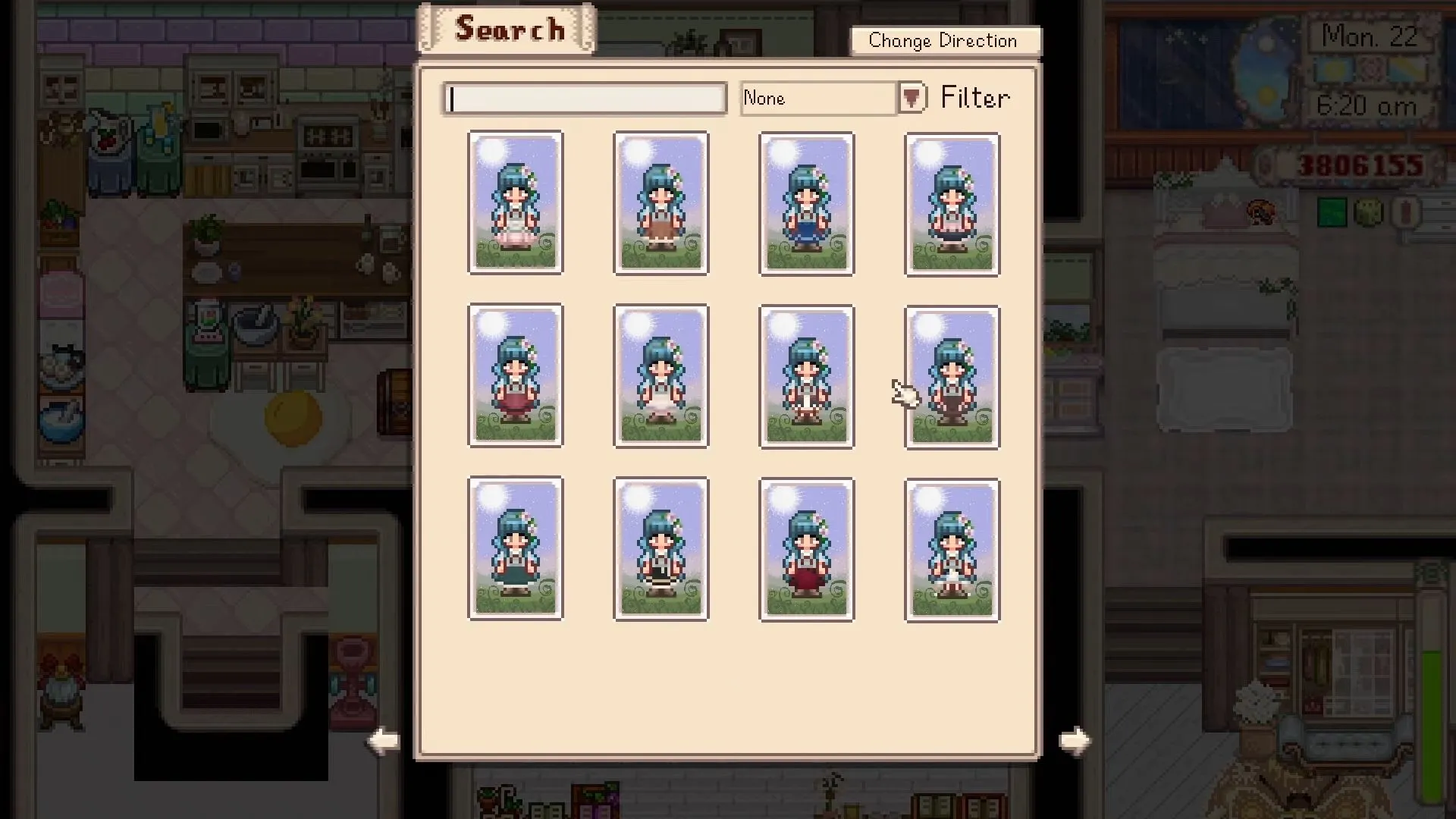 Giao diện mod Fashion Sense cho phép người chơi Stardew Valley thay đổi ngoại hình dễ dàng bằng vật phẩm Gương Cầm Tay.