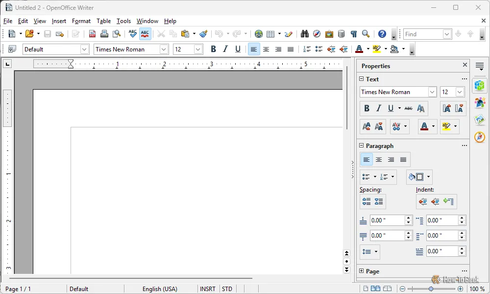 Giao diện người dùng của Apache OpenOffice Writer với thanh công cụ phía trên và menu thuộc tính bên phải.
