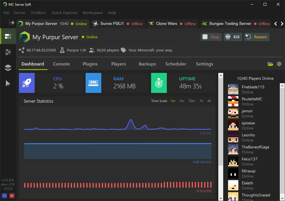 Giao diện phần mềm MC Server Soft hiển thị máy chủ Minecraft đang hoạt động với nhiều người chơi, minh họa công cụ quản lý máy chủ thân thiện.
