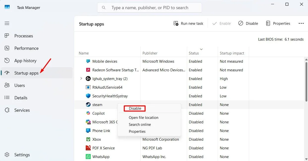 Giao diện quản lý ứng dụng khởi động trong Task Manager của Windows 11