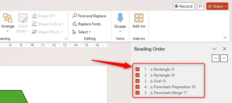 Giao diện Reading Order Pane trong PowerPoint hiển thị nhiều đối tượng với tên chung chung, gây khó khăn trong việc sắp xếp thứ tự đọc cho trình đọc màn hình
