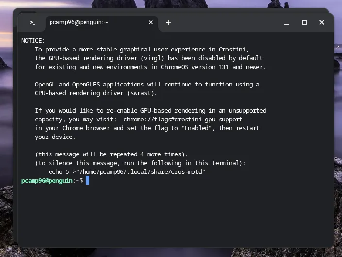 Giao diện terminal Linux đã sẵn sàng trên Chromebook sau khi cài đặt.