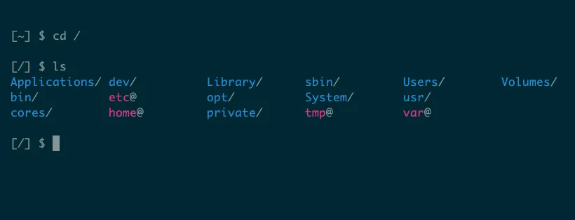 Giao diện terminal trên macOS minh họa lệnh cd để thay đổi thư mục làm việc và lệnh ls để liệt kê nội dung thư mục hiện tại.