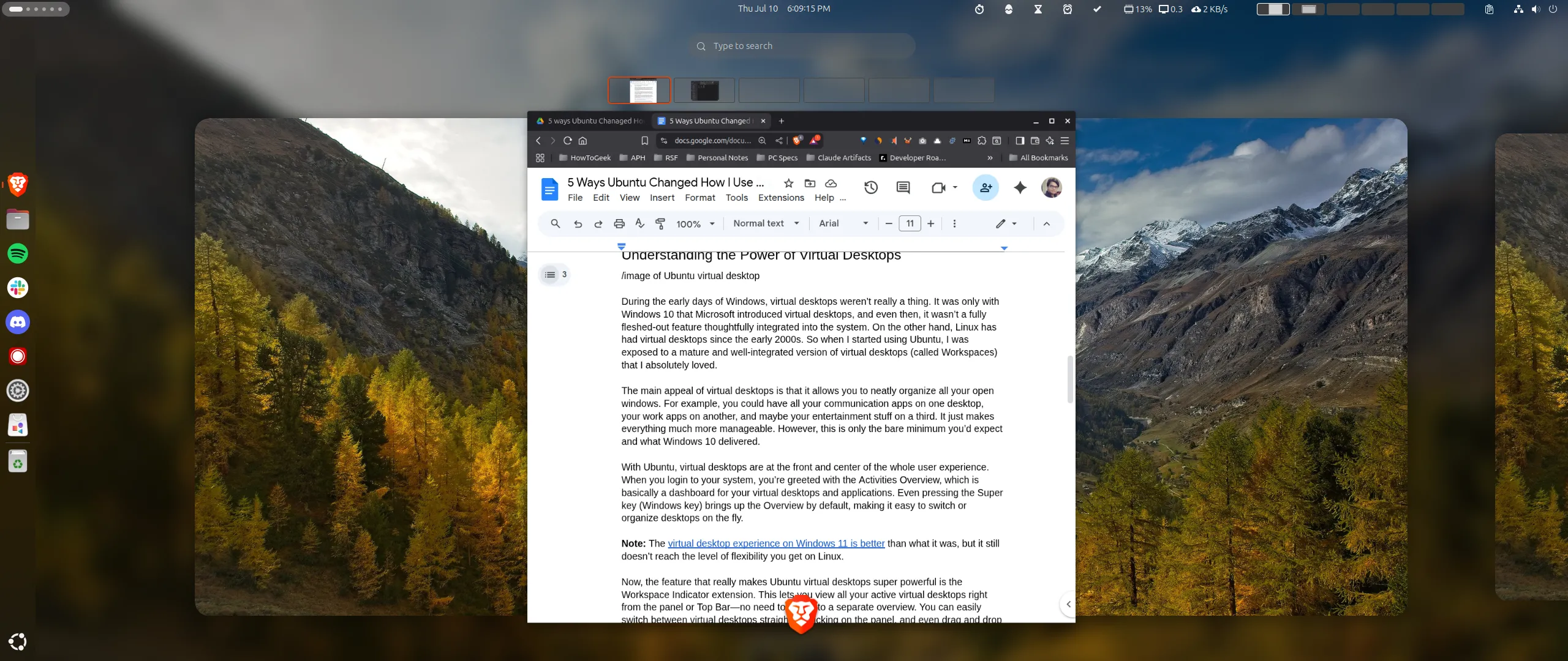 Giao diện tổng quan Activities Overview của Ubuntu, hiển thị các Workspaces và ứng dụng đang chạy