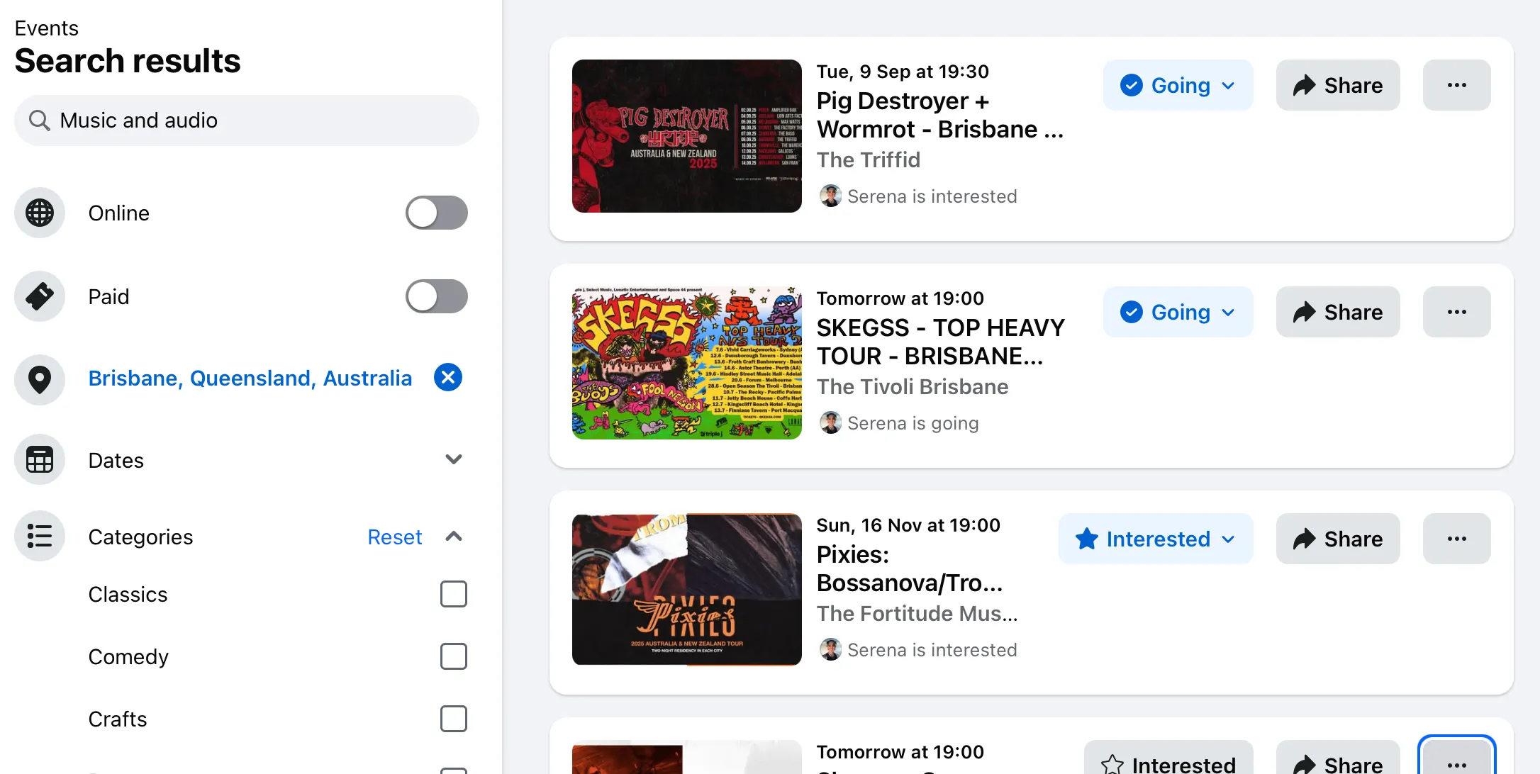 Giao diện trang Sự kiện của Facebook, hiển thị danh sách các buổi biểu diễn âm nhạc, concert và sự kiện trực tiếp sắp diễn ra.