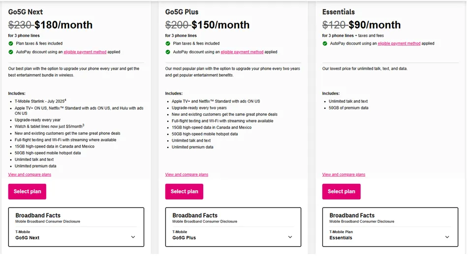 Giao diện trang web T-Mobile hiển thị các gói dữ liệu không giới hạn, với thông tin giá khởi điểm.