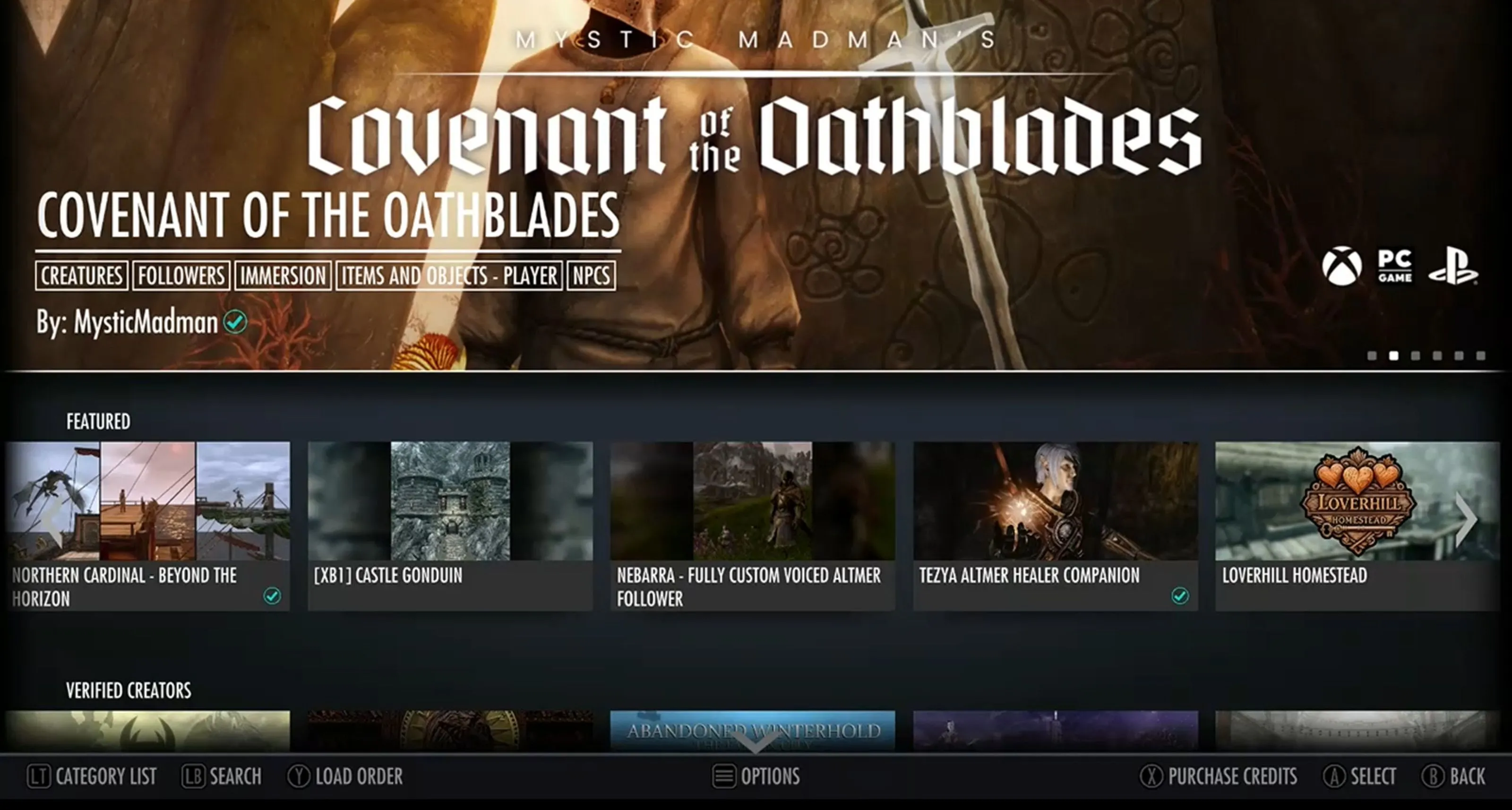 Giao diện trình duyệt mod Bethesda.net trong The Elder Scrolls V: Skyrim Special Edition trên Xbox One