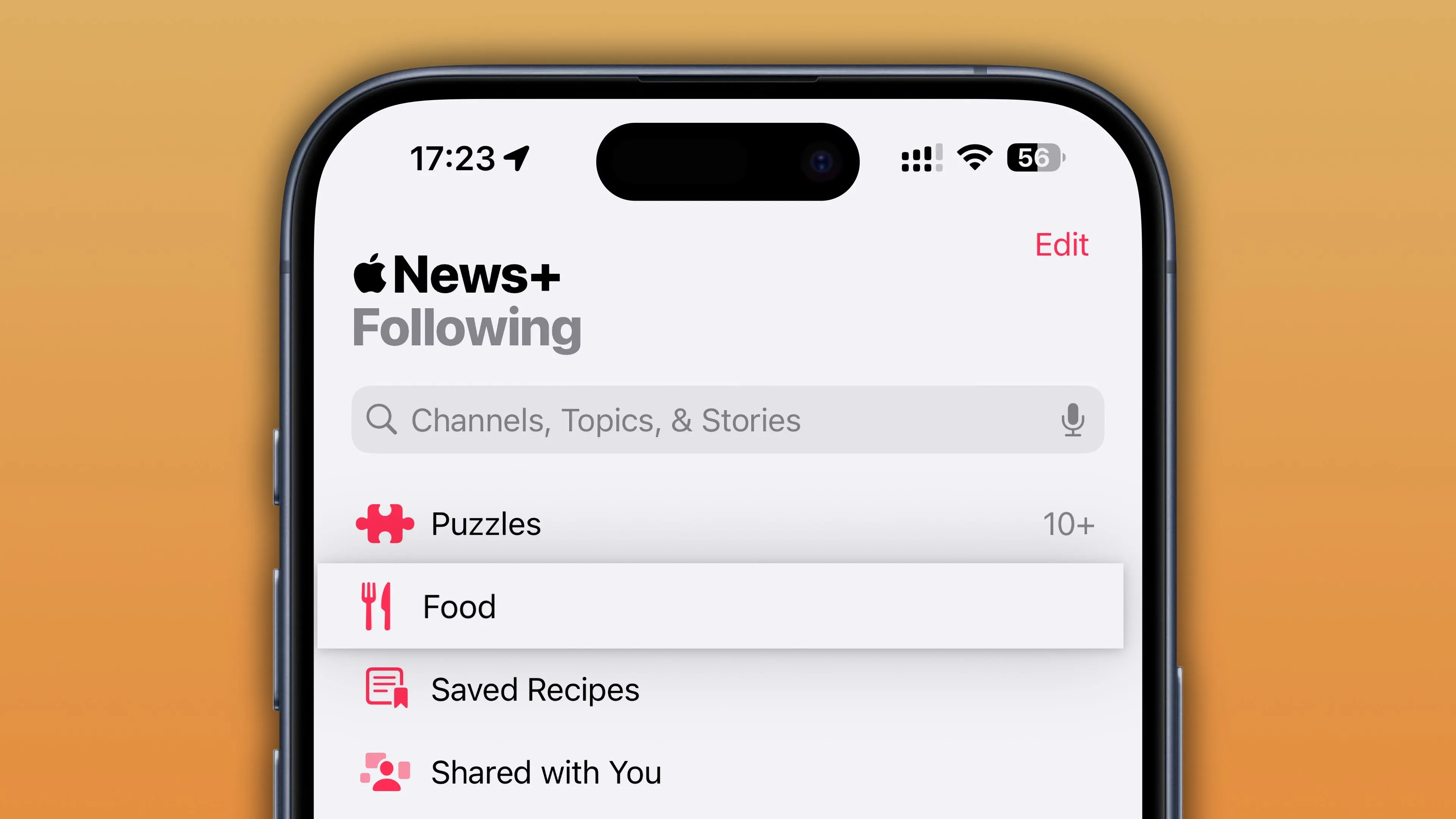 Giao diện ứng dụng Apple News trên iOS 18.4, với phần &quot;Food&quot; được chọn hiển thị các gợi ý công thức nấu ăn lành mạnh